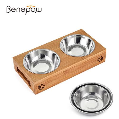 Benepaw Antislip Bamboo Stand Double Bowl For Dog Stainless Steel Environmentally-friendly Pet Feeder Puppy Cat Food Water Bowl