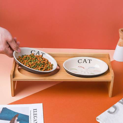 Ceramic Cat Bowl Single Double Bowl Wood Frame Oblique Cat Food Bowl Water Bowl Protection Cervical Spine High Foot Dog Feeder