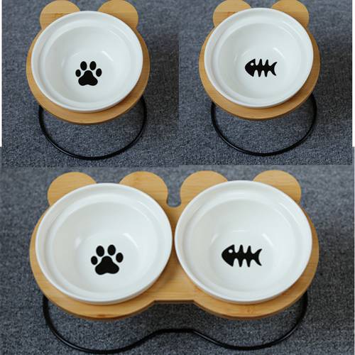 New Cartoon High-end Pet Bowl Bamboo Shelf Ceramic Feeding and Drinking Bowls for Dogs Cats Pet Feeder Accessories Pets Products