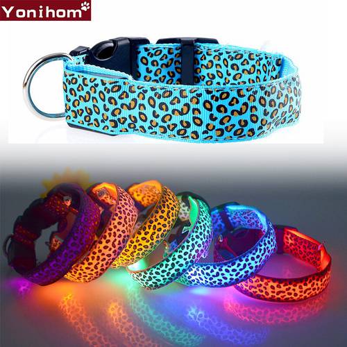 Nylon LED Pet Dog Collar,Night Safety Flashing Glow In The Dark Dog Leash,Leopard Dogs Luminous Fluorescent Collars Pet Supplies