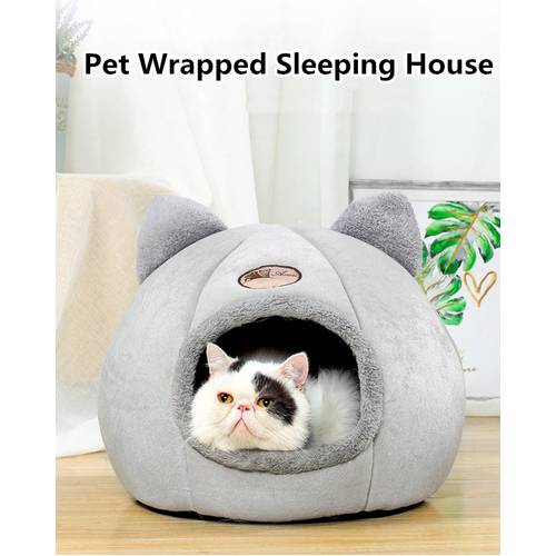 Pet House Cute Cat Ears Semi-enclosed Winter Warm Cat Dog House Plus Velvet Round Dog Cat Sleeping Bed Soft Sofa