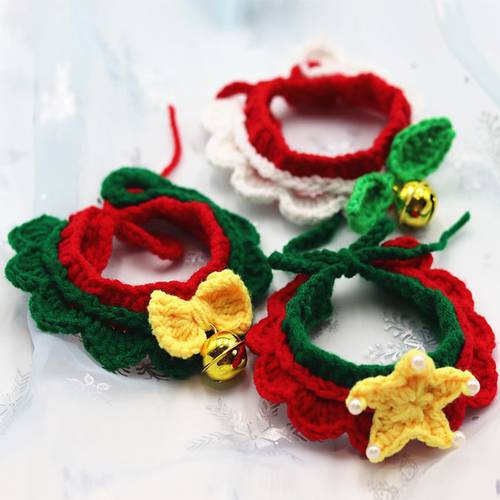 Woolen Christmas Cat Dog Collar Sweet Bell Dog Necklace Floral Pet Scarf Cute Kitty Accessories Neck Strap For Small Medium dogs