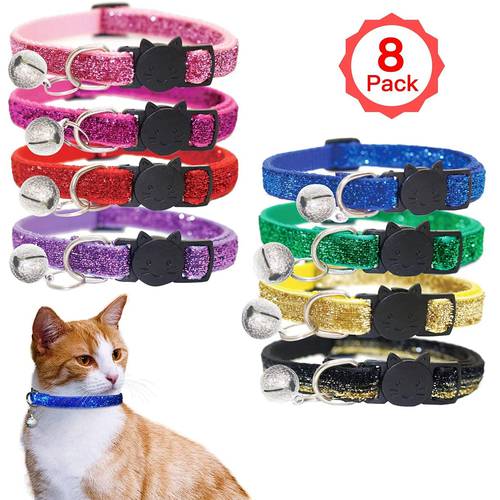 8 PCS/Set Bling Cat Collars Breakaway with Bell for Kitten Puppy Rabbit and Other Small Pet Animals, Adjustable from 7.5-12.5