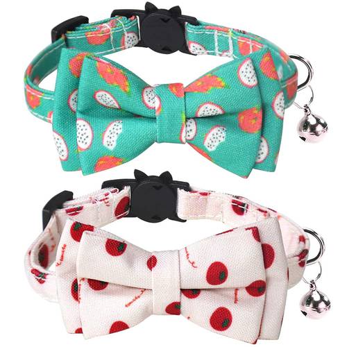 Breakaway Cat Collar with Bell and Accessories Cherry Printing Kitten Collar Bowtie Safety for Kitty 10 Colors Adjustable