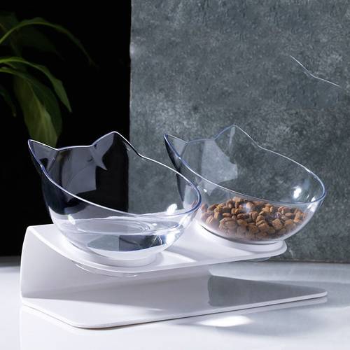 Double Bowl Cat bowl cat and dog bowl transparent AS material non-slip food pot belt to protect the neck transparent cat