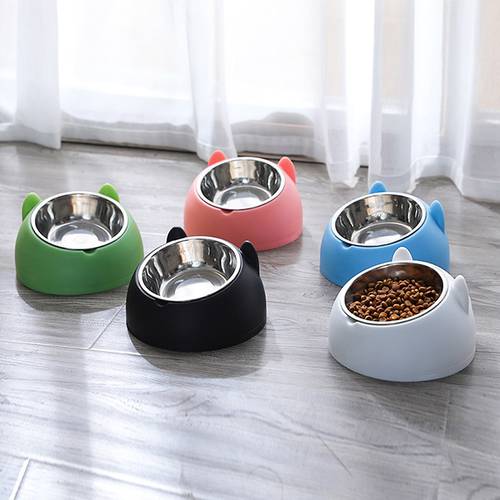 Stainless Steel Cat Bowl Puppy Base Non Slip Cat Food Drinking Water Feeder 15 Degree Tilt Neck Protection Dish Pet Bowl