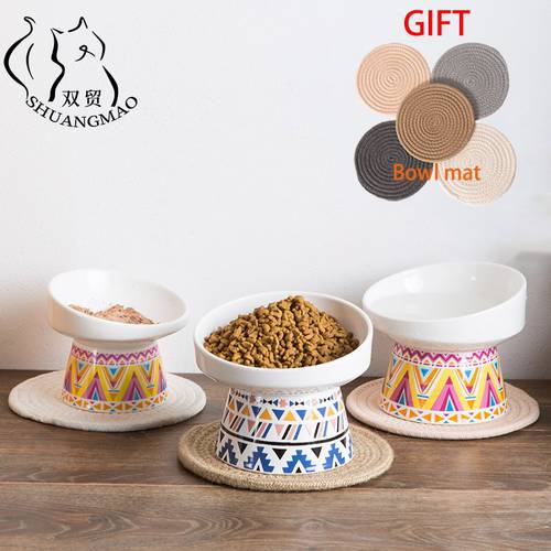 SHUANGMAO Pet Cat Bowl Ceramic Feeder Non-slip for Dog Food Bowls Water Dispenser Protect Stand Bone Cervical Products GIFT Mat
