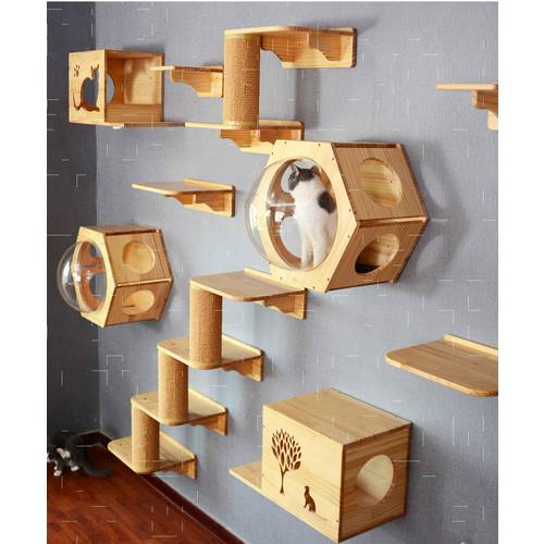 Cat climbing frame, pet tree house, wooden jumping platform DIY, wall-mounted house toy