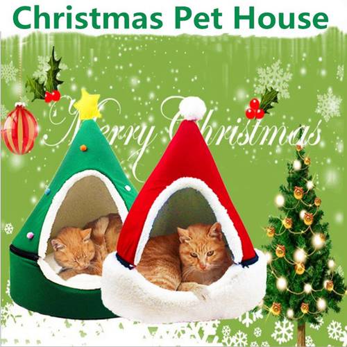 Christmas Pet House Cat Dog Sleeping Bed Warm Closed Tent Detachable Cleaning Nest Cushion Christmas Tree Mat Sofa Pet Supplies
