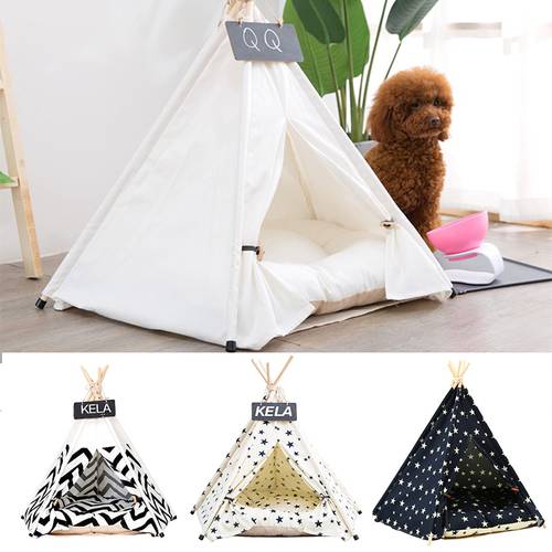 Pet Cat Dog Teepee with Cushion & Blackboard, Portable Dog Tents & Pet Houses, Wood Canvas Tipi Fold Pet Tent Small Animals Bed