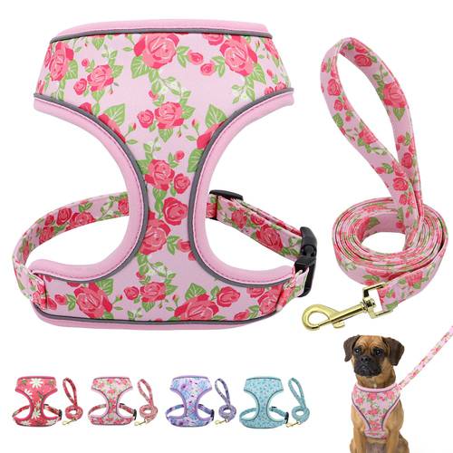 Reflective Dog Harness And Leash Set Fashion Printed No Pull Pet Dog Harness Vest Lead Leash For Small Medium Large Dogs