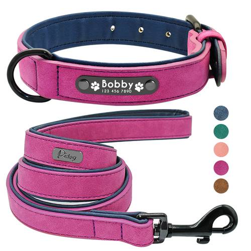 Leather Dog Collar Leash Set Personalized Soft Dogs Collars Lead Padded for Small Medium Large Dogs Pitbull French Bulldog
