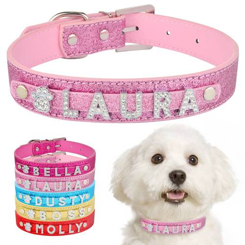 Personalized Dog Cat Collar Rhinestone Bling PU Leather Chihuahua Collar Custom Necklace Free Name Charms Pet Accessories