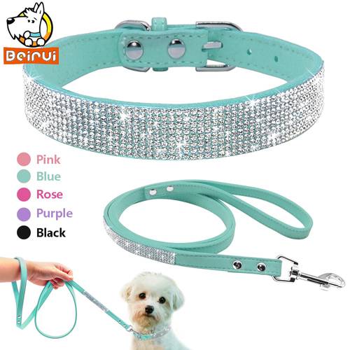 Suede Leather Dog Collar Leash Set Rhinestone Crystal Soft Material Adjustable Small Dogs Cat Pets Collars Leads Chihuahua