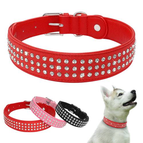Dog Collar Rhinestone Crystal Big Large Dog Collars Leather Pet Collar Adjustable for Medium Large Dogs Red Pink Black