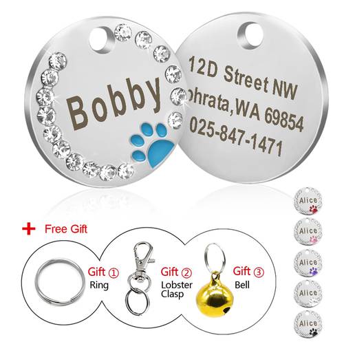Dog ID Tag Customized Engraved Crystal Metal Pet Tags Small Large Rhinestone Dog Collar Accessories Personalized Name Tag Plate
