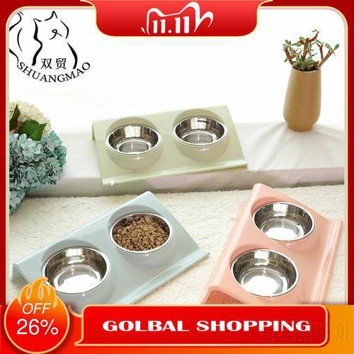 SHUANGMAO Hot Pet Cat Double Food Bowl Cats for Dog Water Feeder Stainless Steel Drinking Bowls Kitten Protect The Neck Feeding