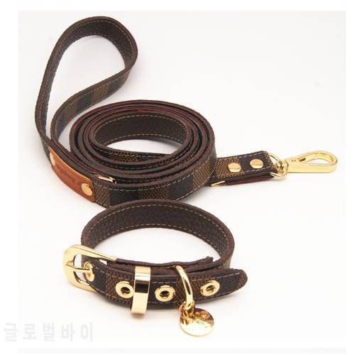 Brown Block Dog Set Collar Leash Necklace Pendant Free High Quality Gift Box Soft Leather Dog Pet Collars Leads Accessories
