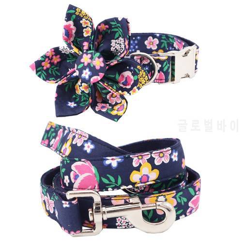 C126 floral girl dog collar dog flower and leash set for pet dog cat with rose gold metal buckle