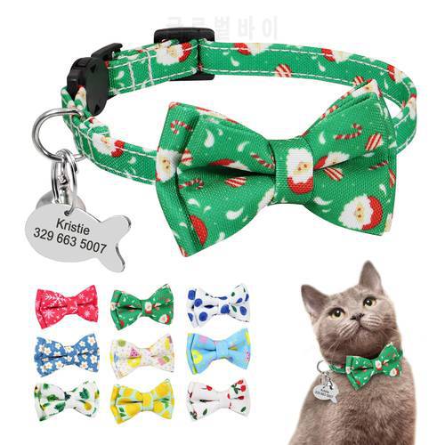 Customized Cat Collar Cute Bow Tie Pet Christmas Necklace Quick Release Cats Safety Collars With Bell Fish ID Tag Santa Print