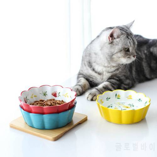 450ML Cute Cat Bowl Ceramic Cat Bowl Protect Cervical Pet Feeding and Drinking Bowl with Wooden Tray for Puppy Cat and Dogs