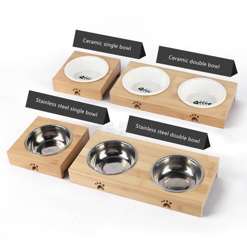 Fashion Ceramic Cat Bowl Bamboo Rack Dog Bowl Double Bowl Automatic Drinking Pet Products Pet Feeders