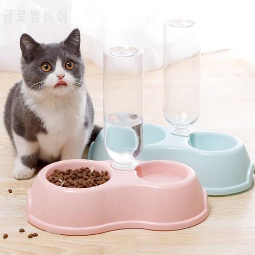 Round Plastic Pet Double Bowl With Drinking Bottle Automatic Water Storage Pet Drinking Dish Feeder Cat Puppy Feeding Supplies