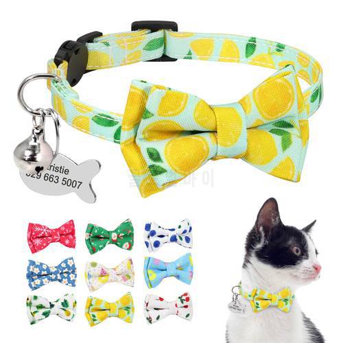 Cute Printed Quick Release Cat Kitten Collar Nylon Custom Engraved Puppy Dog ID Tag Collars With Bell Bowknot For Small Cats