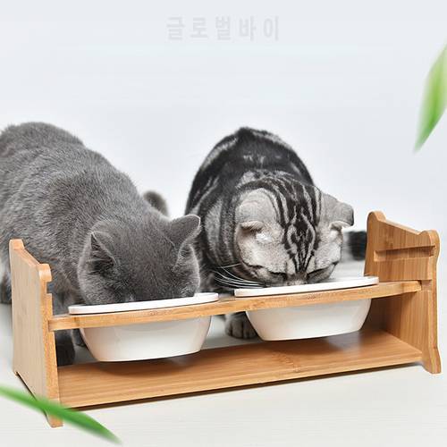 Pet Cat Raised Bowl for Cats and Small Dog Adjustable Elevated Bamboo Stand Cats Food and Water Drinker with 2 Ceramic Bowls