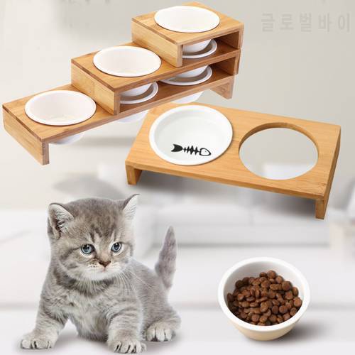 1/2/3 Bowls Cat Dog Feeders Bowl Ceramic Pet Food Tableware Water Bowl Bamboo Frame Antiskid Pet Supplies Dog Cat Feeding Bowl