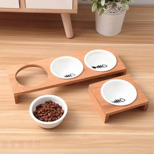Elevated Pet Bowls, Raised Dog Cat Feeder Solid Bamboo Stand Ceramic Food Feedin