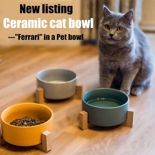 Pet Ceramic Elevated Raised Cat Bowl With Wood Stand No Spill Pet Food Water Feeder Cats Small Dogs Feeding Bowl Cats Dog Tools