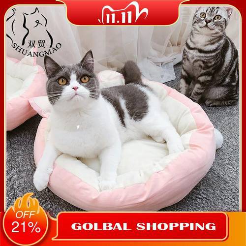 SHUANGMAO Winter Cat Basket Coral Fleece Bed for Kennel Pet House Small Dog Beds Home Outdoor Kitten Cute Chihuahua Pet Products