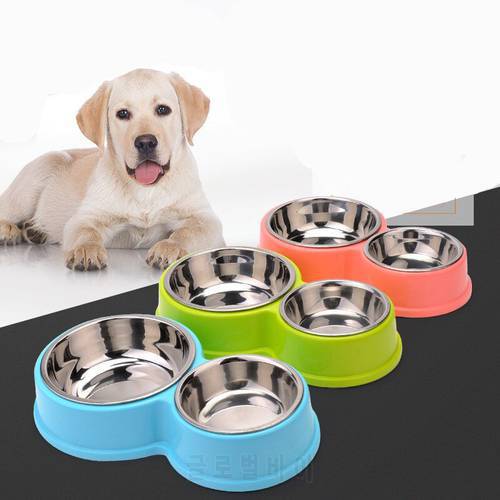 Plastic 8 Shaped Pet Double Bowls Stainless Steel Dog Bowl Cat Food Bowls Water Container for Puppy Small Dogs Feeders