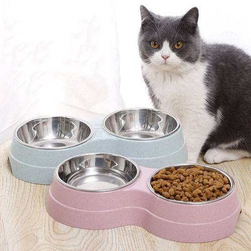 Pet Double Bowls Dog Food Water Feeder Stainless Steel Cat Drinking Dish Feeder Pet Puppy Supplies Small Dogs Cats Feeding Bowls
