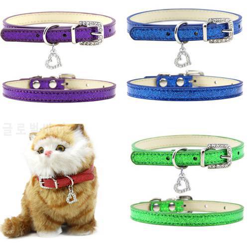 Pet Dog Cat Collar Bling Love Heart Crystal Pendants Necklace Safety Soft Leather Kitten Puppy Neck Strap Jewelry Accessories