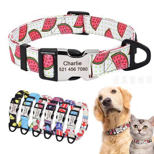 Nylon Print Dog Collar Personalized Pet Cat ID Collars Free Engraving Tag Nameplate for Small Medium Large Dogs Cats Pitbull Pug