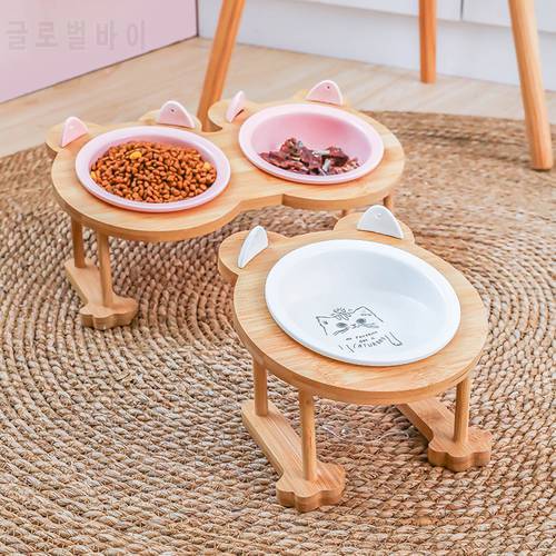 New High-end Pet Bowl Cartoon Cat Ear Patterns Bamboo Frame Ceramic Bowl Pet Feeding and Drinking Bowls for Dog Cat