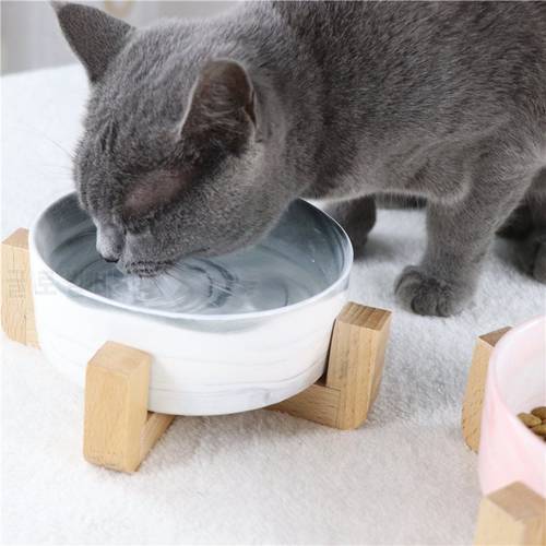 Marbling Pet Bowl Cat Dog Bowl Wooden Shelf Ceramic Feeding and Drinking Bowls for Dogs and Cats Pet Feeder Accessories