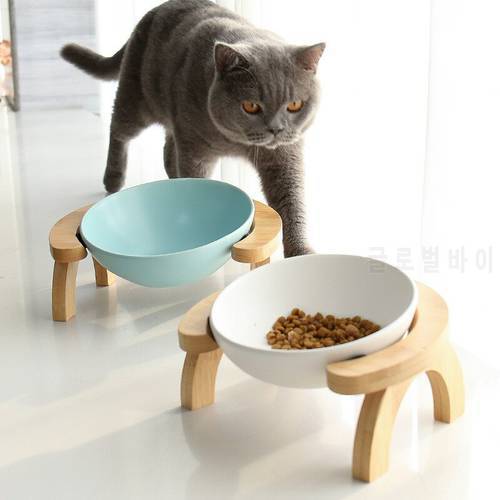 New Ceramic Tilted Elevated Raised Pet Bowl with Wood Stand for Cats and Dogs No Spill Pet Food Water Feeder Cat Accessory
