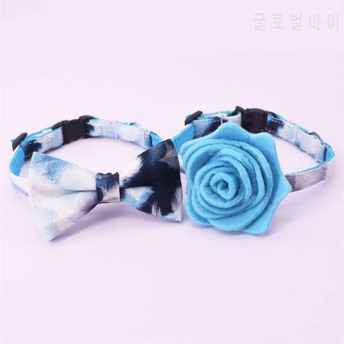 blue floral Cat Collar Bow Tie with Flower , Plastic Buckle Big and Small Cat Collar Pet Accessories