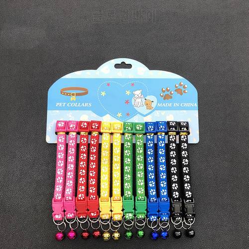 12PCS Adjustable Fashion Cats Bells Collars Set Firm Nylon Buckles Cat Paw Printing Pets Collar Chic Puppy Supplies Accessories
