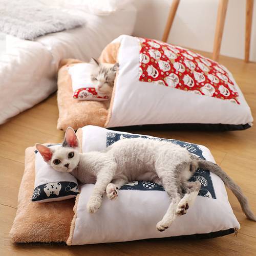 Pet Cats Sleeping Bag, Soft Indoor Pet Bed Sofa 2 in 1 Pet Nest, Warm Cozy Covered Bed Snuggle Sack for Cats Puppy