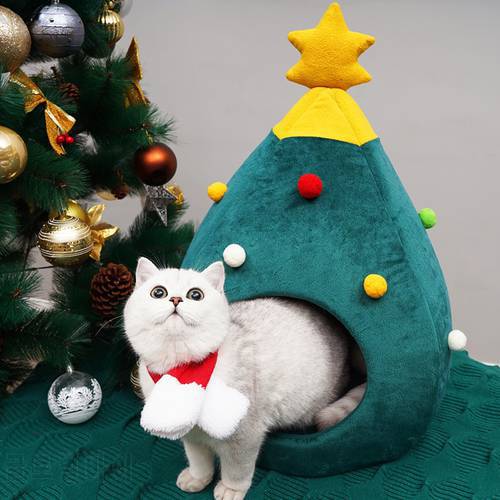 Christmas Tree Cat House Dog Bed Cat Cozy Tent Cave Bed Winter Warm Soft Indoor Pet House Nest Mattress for Kitten Dogs Sleeping
