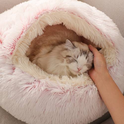 Hot Plush Round Cat Bed Cat Warm House Soft Long Plush Pet Dog Bed For Small Dogs Cat Nest 2 In 1 Pet Bed Cushion Sleeping Sofa