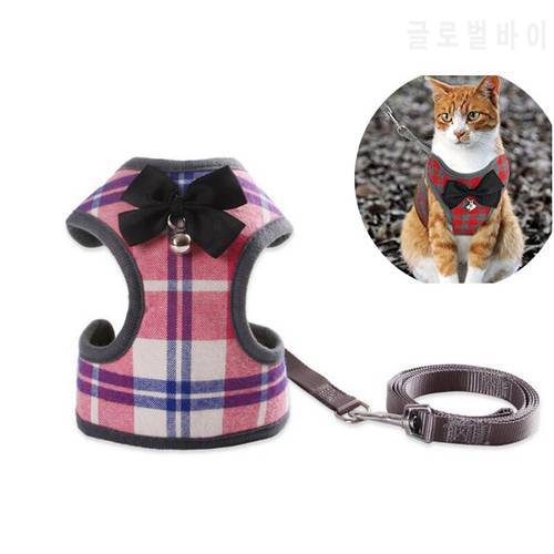 kitten Cat Plaid Bowtie Harness Vest with Nylon Leash Cute Bowknot Small Dog Harness Soft Mesh Vest Harness for Pet Kitten Puppy
