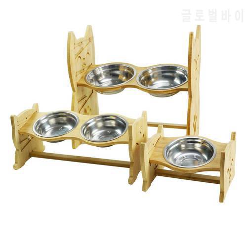 Pet Dog Bowls Elevated Heights Adjustable Bamboo Food And Water Dishes Foldable Wooden Stand Pet Cat Neck Care Raise With Bracke