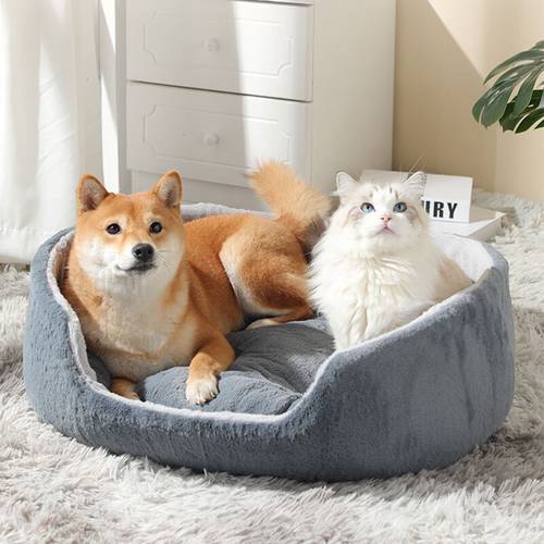Autumn Winter Warm Pet Dog Bed Beige Color Durable Medium Small Dog Cat&39s House Smooth 3D Velvet Kitten Cushion Lounger for Dogs