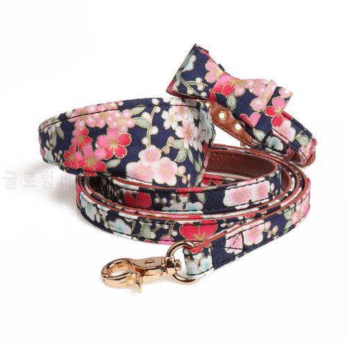 Retro Floral Pet Cat Dog Puppy Collar and Leash Set Bow Tie/Triangular PU Leather Collar for Small Dog Teddy Chihuahua Collars