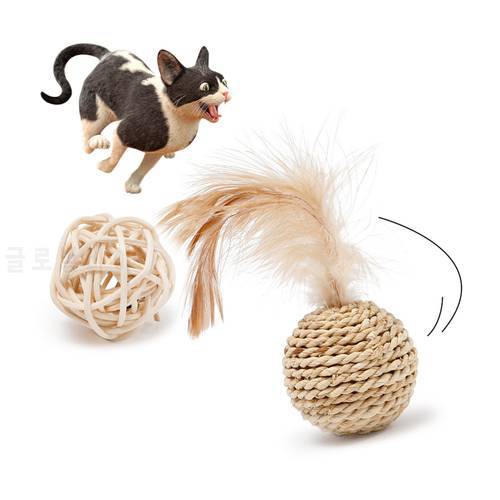 Pet Sisal Rope Weave Cat Feather Toy Cat Ball Rattan Bell Sound Ball Cat Toy Interactive Play Woven Chew Toys For Cat Ball Suit